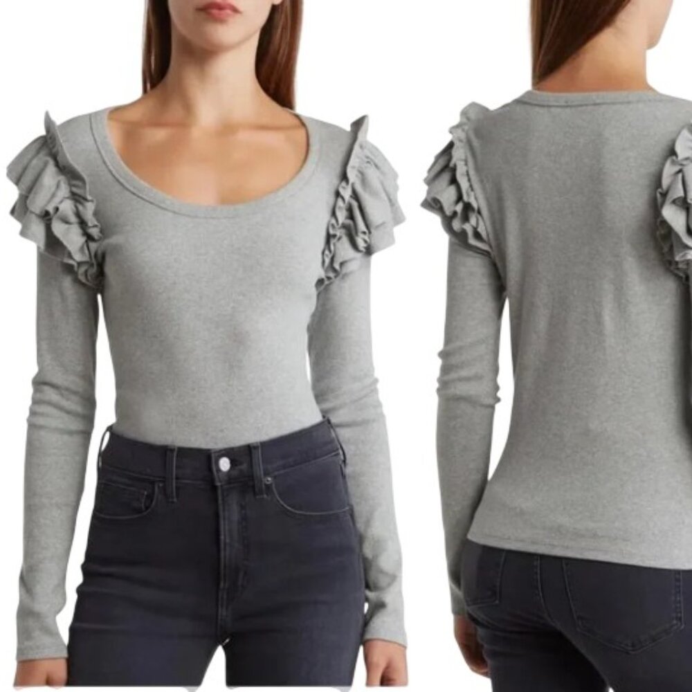 Veronica Beard Scoop Neck Gray Ruffle Long Sleeve Top Medium Like New